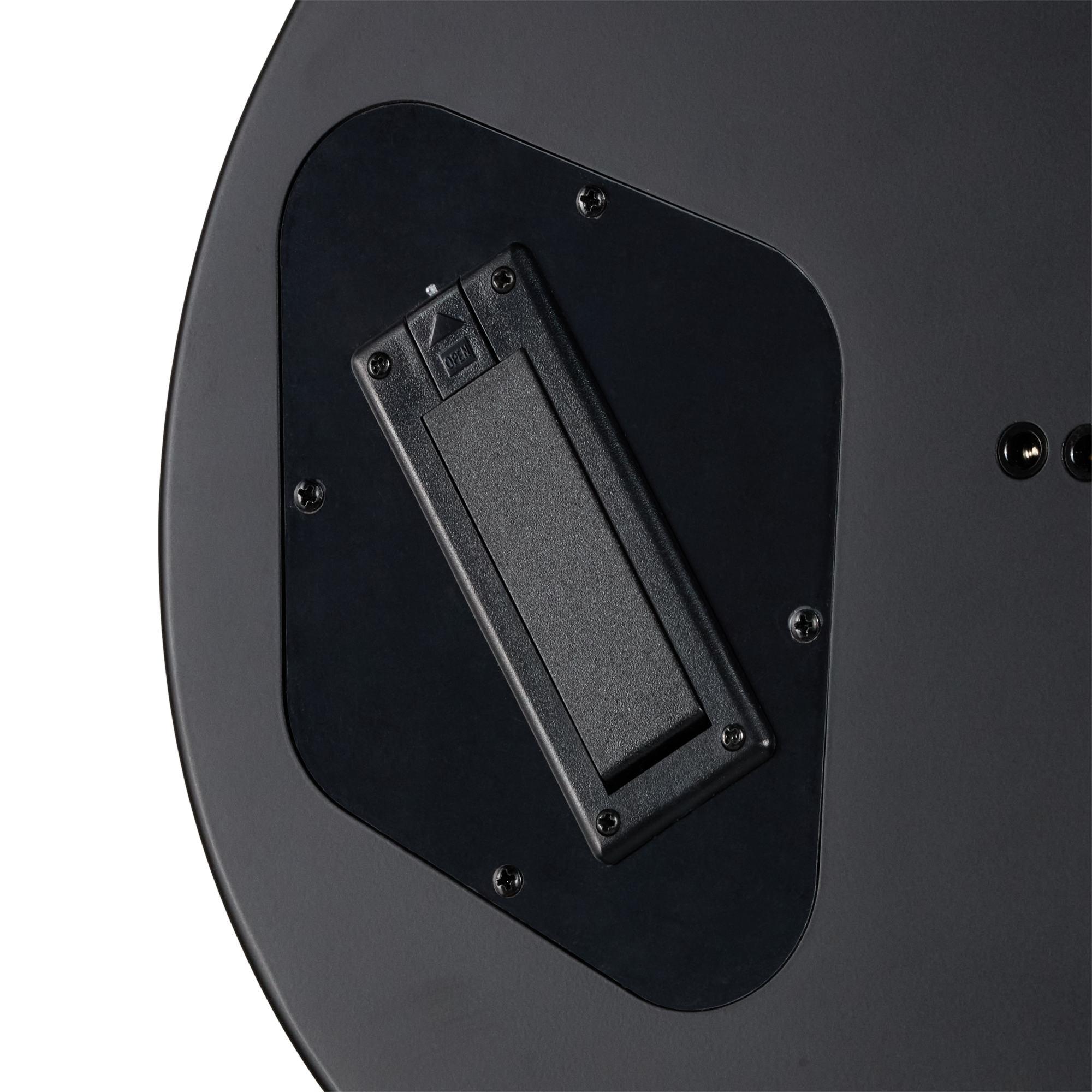 E-Gitarre, Batteriefach, Klinkenbuchse, schwarzer Korpus, Kunststoff